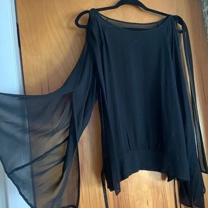 Black Cold Shoulder Silk Blouse with Ribbons